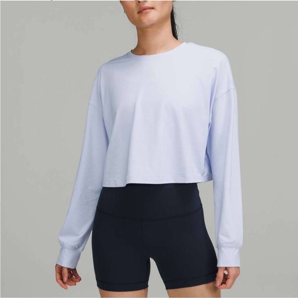 Lululemon Muscle Love Long Sleeve Cropped Shirt Blue Linen Oversized Swiftly